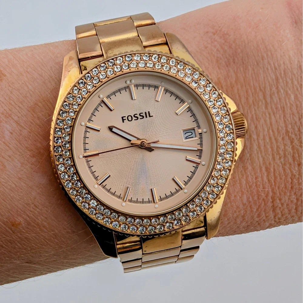 Fossil Retro Traveler AM4454 Watch Rose Gold Crystal Bezel Guilloche Dial 36mm